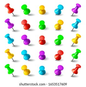 Realistic 3d color thumbtack push pins. Metal needle in different angles isolated vector set. Office paper fixing accessories and map pointers. Isolated vector set