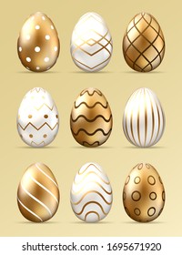 Realistic 3d colored easter eggs different texture. Spring holiday. Vector Illustration. Happy easter eggs