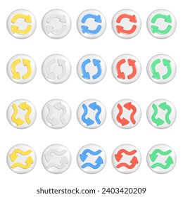Realistic 3d colorful arrows on round button. Yellow, white, blue, red, green shapes of pointer 3d direction icon, pointing round sign. Abstract vector glossy illustration isolated on white background
