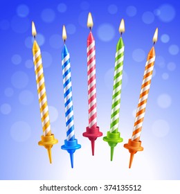 Realistic 3d colorful birthday cake burning candles set on blue background vector illustration