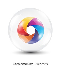 Realistic 3D colorful circle inside transparent glass sphere vector illustration logo template