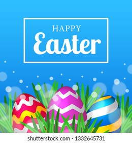 realistic 3D colorful decorative happy fun egg on the green grass for easter celebration. Vector illustration. Poster banner template.
