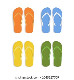 Realistic 3d Colorful Flip Flops Beach Slippers Sandals Set Isolated on White Background Summer Foot for Fun Leisure, Travel and Vacation. Vector illustration