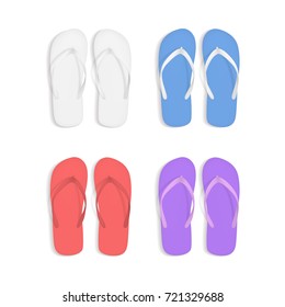 Realistic 3d Colorful Flip Flops Beach Slippers Sandals Set Summer Foot for Fun Leisure, Travel and Vacation. Vector illustration