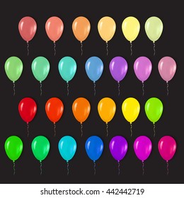 Realistic 3d Colorful Glossy Balloons Flying for Happy Birthday, Party and Celebrations. Trendy Design element on black background. Vector Illustration