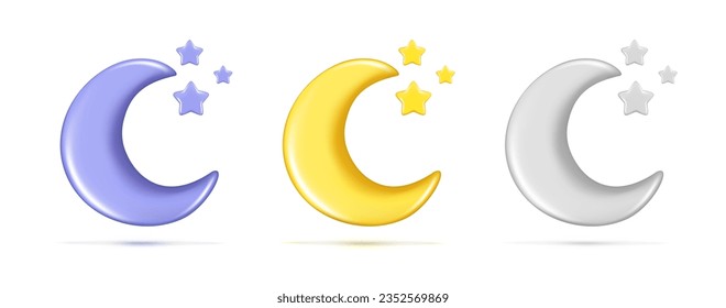 Realistic 3d colorful glossy Moon with stars. Decorative 3d half month symbol, crescent icon, cute dream cartoon element. Abstract vector illustration isolated on white background