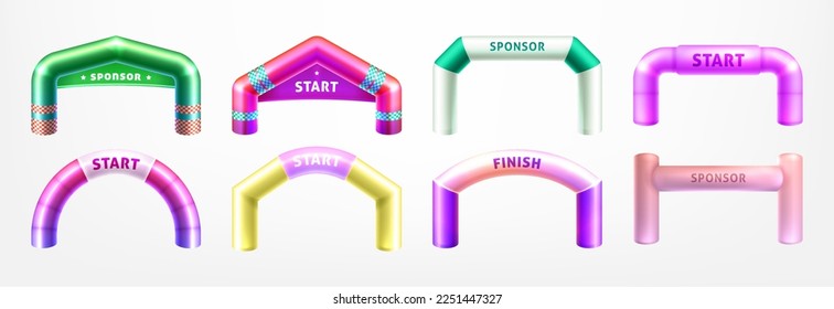 Realistic 3d colorful inflatable arches for sports competition. Arch gates of different shapes for marathon, races and outdoor sport events. Start and finish archways isolated on white background.