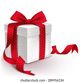 Realistic 3D Colorful Red Gift Box with Pattern and Satin Ribbon and Bow for Valentines Day, Birthday Celebration, Christmas, Party and Anniversary. Isolated Vector Illustration