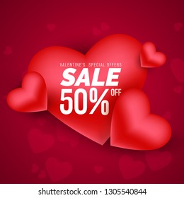 Realistic 3D Colorful Red Romantic Valentine Hearts sale background