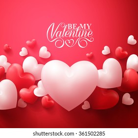 Realistic 3D Colorful Red and White Romantic Valentine Hearts Background Floating with Happy Valentines Day Greetings. Vector Illustration
