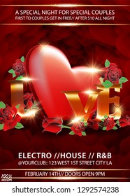 Realistic 3D Colorful Romantic Valentine Heart floating with ‘Love’ 3d lettering on abstract flower background. Wallpaper, flyers, invitation, posters, brochure, banners. 