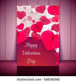 Realistic 3D Colorful Romantic Valentine Hearts in Red Background Floating with Happy Valentines Day Greetings. Vector Illustration.