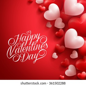 Realistic 3D Colorful Soft and Smooth Valentine Hearts in Red Background Floating with Happy Valentines Day Greetings. Vector Illustration
