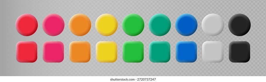 Realista conjunto de botões 3D colorido UI. Formas de círculo e quadrado para web e design de interface móvel, menu de navegação, crachá, pin. Emblemas vetoriais