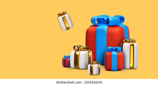 Realistic 3d colour gifts isolated on yellow background. Vector illustration