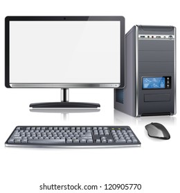 Realistic 3D Computer Case with Monitor, Keyboard and Mouse, isolated on white background. Vector illustration