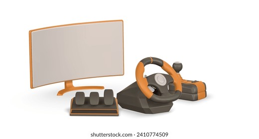 Realistic 3d computer monitor, game steering wheel, pedals, shifter. Game stick, controller, video game console. Game concept. Vector illustration.