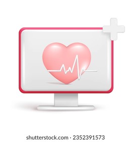Realistic 3d computer monitor, heart, pulse line, heartbeat. 3d cardiogram, cardio sign, diagnostic health, pulse beat measure, medical healthcare. Vector illustration isolated on white background