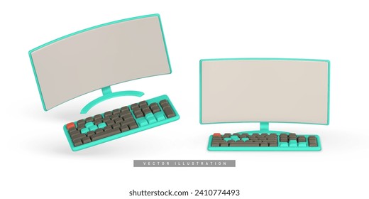 Monitor de computadora 3d realista y teclado al estilo de las caricaturas. El concepto de equipamiento informático. Ilustración vectorial.