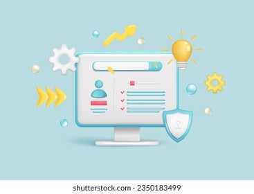 Realistic 3d computer with personal resume document, search bar, magnifying glass, light bulb, shield protected icon. Cartoon 3d hr job search application. Vector illustration on blue background