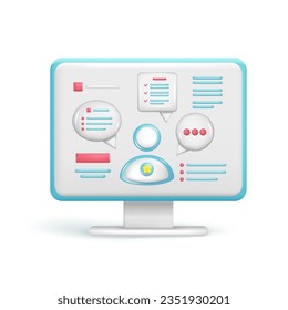 Realistic 3d computer, personal resume document, speech bubble, user icon. Glossy 3d cartoon job search application, dialogue discussion, hr concept. Vector illustration isolated on white background