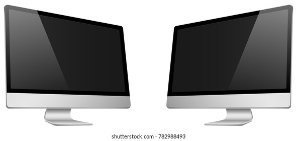 Realistic 3D Computer right and left view, with a black screen, isolated on a white background