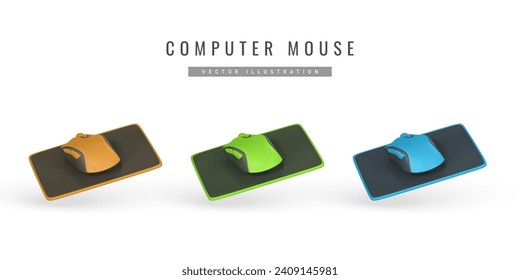 Realistic 3d computer wireless mouse on pad in cartoon style. Computer equipment concept. Vector illustration.