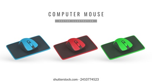 Realistic 3d computer wireless mouse on pad in cartoon style. Computer equipment concept. Vector illustration.