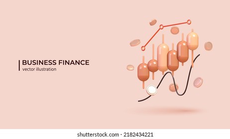 Realistic 3d concept of stock market exchange or financial technology. Realistic 3d design of Stock market graph in cartoon minimal style. Vector illustration