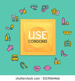 Paquete realista de condones 3d Diseño redondo Línea de Plantilla Icon Concept para el anuncio Diseño web en un azul. Ilustración vectorial