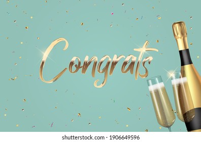 Realistic 3d congrats background  with bottle of champagne and a glass for party, holiday, birthday, promotion card, poster. Vector Illustration