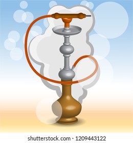 Realistic 3D  copper hookah vector ilustration on blurred beach background, with stam and bokeh. for web and print