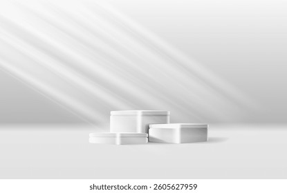 Realistic 3D corner stand podium set in white, gray color scene. Vector abstract geometric platforms design. Wall minimal scene cosmetic products stage showcase, Banner promotion display.