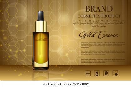 Realistic 3d cosmetic design template. Aroma oil ads template, essence bottle with glitter elements. Cosmetic flask or vial for organic aroma oil, anti-aging essential, collagen serum for beauty.