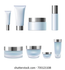 Realistic 3d cosmetic package cream jar tubes. Light blue silver metallic containers glass plastic isolated transparent white background. Promotional empty ad product templates vector illustration art