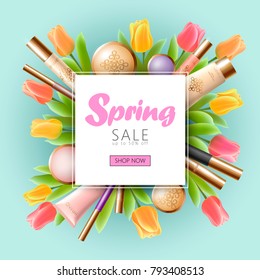 Realistic 3d cosmetic spring sale banner template. Square promotional poster tulip flower blossom blue sky blur light golden package pink frame flat lay vector illustration art