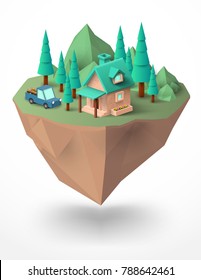 Realistic 3d countryside Beautiful small isometric house and pick-up car on green ground in forest. Property, real estate, car and flower. vector illustration