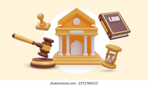 Realistic 3d court building, law book, hourglasses and yellow seal. Concept of legal law, equity and truth. Vertical vector illustration in yellow colors