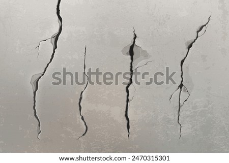 Realistic 3d cracks on grey concrete wall. Vector illustration set of different broken split on cement surface. Grunge stone with damage fracture. Destruction fissure gap or demolition cleft.