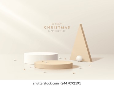 Realistic 3D cream cylinder podium background with ball and triangle backdrop in merry christmas concept. Minimal scene mockup product stage showcase Promotion display. Abstract vector geometric forms