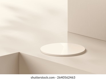 Realistic 3D cream cylindrical podium background on empty clean floor and groove corner. Minimal scene, mockup abstract product display presentation, Stage showcase. Platforms vector geometric design.