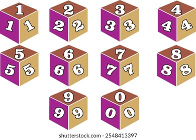 Realistic 3d cube with numbers. Numeral cubes for kids play and learn games or videos. Online preschool classes. Editable vector, eps 10.