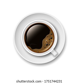 Realistic 3D cup of black coffee on a saucer. View from above. Vector illustration.