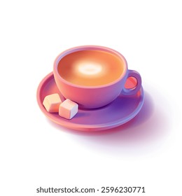 Realistic 3D cup of coffee on a plate with sugar. Purple cup with hot coffee. For concepts of cafes, rest, and advertising. Vector illustration.