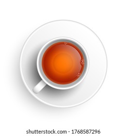 Realistic 3d cup of hot aromatic freshly brewed drink black tea. A teacup top view isolated on white background. Vector illustration for web, design, menu, app.