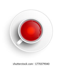 Realistic 3d cup of hot aromatic healthy herbal rooibos or hibiscus red tea. A teacup top view isolated on white background. Vector illustration for web, design, menu, app.