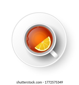 Realistic 3d cup of hot aromatic freshly brewed drink black tea with lemon, saucer. A teacup top view isolated on white background. Vector illustration for web, design, menu, app.