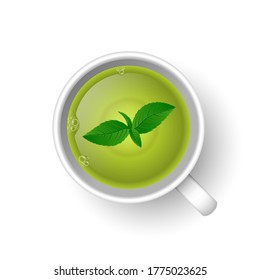 Taza 3d realista de té caliente aromático aromático y chamíl. Una vista en la azotea de la azotea con flores de camomila aisladas en un fondo blanco. Ilustración vectorial para web, diseño, menú, aplicación.
