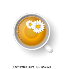 Realistic 3d cup of hot aromatic healthy herbal chamomile tea. A teacup top view with flowers of chamomile isolated on white background. Vector illustration for web, design, menu, app.