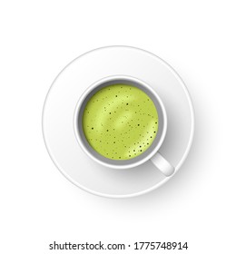 Realistic 3d cup of hot aromatic green Japanese tea matcha latte drink. A teacup top view isolated on white background. Vector illustration for web, design, menu, app.